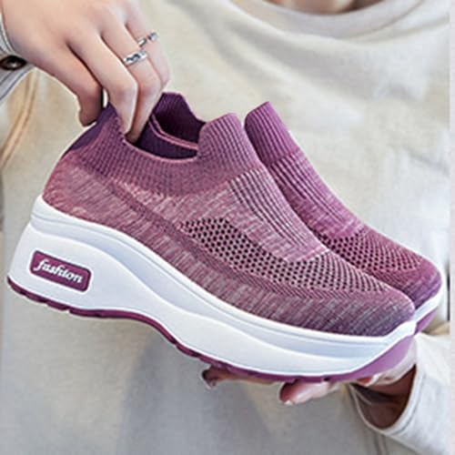 Baskets compensées pour femme en tricot respirant : chaussures de marche légères et décontractées