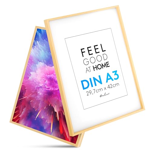 Preisvergleich Produktbild Calias® [2 STK.] Bilderrahmen A3 Natur - Bilderrahmen Holz mit bruchsicherem Plexi Glas - Holzbilderrahmen inkl. Aufsteller und Aufhängung - Echtholz Bilder Rahmen FSC zertifiziert - Made in EU