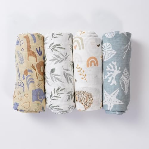 Image of 4 Set Muslin Swaddle Blankets Receiving Blanket for Newborn Baby | Boys, Girls Cute Soft Print Baby Towel Wrap 120x110cm Baby