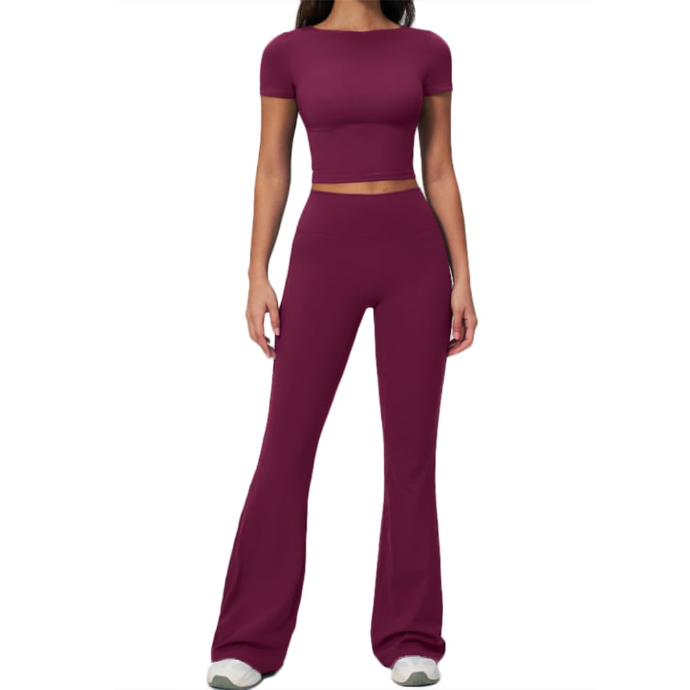 Conjunto Deportivo de 2 Piezas para Mujer, Manga Corta, Transpirable y de Secado rápido, Pantalones Acampanados de Cintura Alta, Ropa para Gimnasio, Yoga, Running y Fitness(Size:M,Color:Rojo)