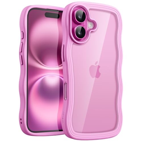 JETech Wavy Case for iPhone 16 6.1-Inch, Cute Wave Frame Curly Shape Shockproof Phone Cover for Women and Girls, Clear Hard PC Back (Pink)