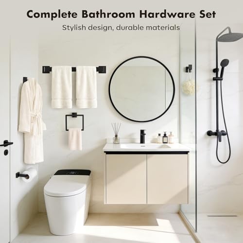 Image of 15-Pieces Matte Black Bathroom Accessories Set, 24 Inch Bath Towel Bar Set | Stainless Steel, Towel Ring, Toilet Paper Holder, Robe Hooks, Towel Racks for Bathroom Wall Mounted, Bathroom Hardware Set