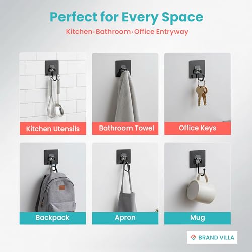 Image of BRAND VILLA Black Adhesive Wall Hooks Pack of 10 - Heavy Duty No Drill Sticky Hooks for Bathroom, Kitchen & Door - Waterproof Stainless Steel Towel & Coat Holder - Strong Self Adhesive Hooks