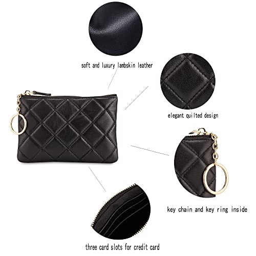 Image of DORIS&JACKY Soft Lambskin Leather Coin Purse Small Quilted RFID Blocking Top Zipper Wallet With Key Chain