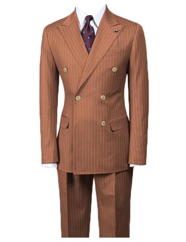 Men's Pinstripe Suits 2 Piece Blazer Pants Slim Fit Double Breasted Formal Dress Tuxedo for Prom Wedding