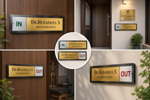Image of DON'T JUDGE ME Doctor Name Plate with IN /OUT Sliding Indicator, Golden & Silver | Sliding IN /OUT Display, Door Nameplate, Clinic & Office Use, Gold Finish Plate, Customisable Name, Colour :- Golden And Black | Material:- MDF (3 x 14 inches)