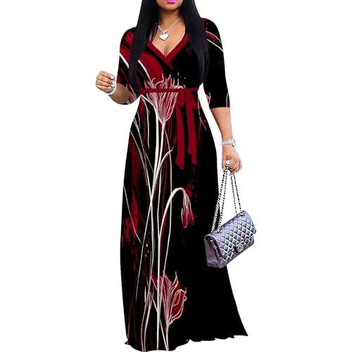 Image of SUZONANA Plus Size Dresses for Women Print Maxi Dresses Flowy 3 /4 Sleeve with Belt