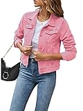 Women's Solid Color Basic Button Denim Jacket with Pockets, Casual Denim Jacket Top (A-Pink, L)
