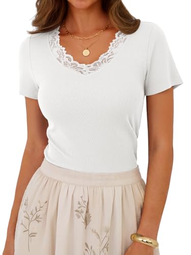 GKBK Women's Lace White Top Short Sleeve Cute Sexy Tops Y2k Basic Fitted Ribbed Shirts Going Out Summer Trending Fashion Clothes S — view 2