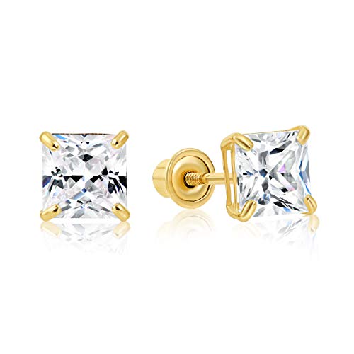 14k Yellow Gold Solitaire Square Princess-cut CZ Stud Earrings with
