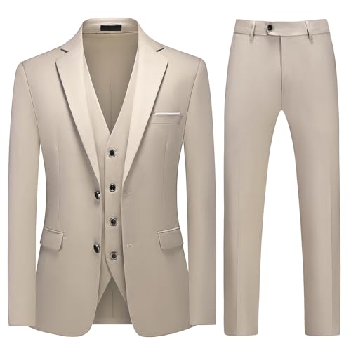 MODFUL Herren Anzüge Slim Fit 3-teilig Einreihig Zwei Knöpfe Business Formal Smoking Sakko Weste Hose für Hochzeit (Beige XL)