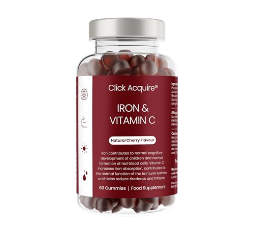 Iron and Vitamin C Gummies for Kids & Adults | 7mg Gentle Iron, 20mg Vitamin C Chewable | Vegan Natural Cherry Flavour | 2 Month Supply