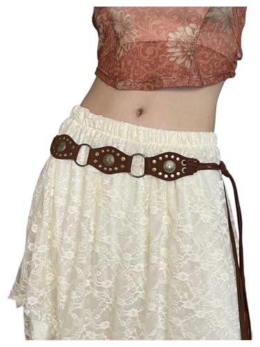 WDIRARA Women's Vintage Rivet Leather Belts Western Cowgirl Waist Belt for Jeans Dresses