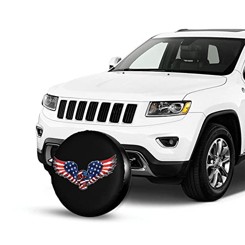 Image of American Flag Winged Skull Patriotic Spare Tire Cover,Universal Wheel Tire Cover for Trailer, RV, SUV, Truck,Camper and Many Vehicle,Weatherproof Tire Protectors(17 inch for Diameter 31 inch-33 inch)