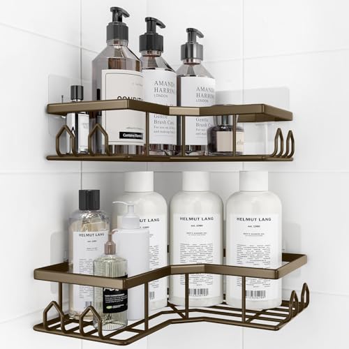 QHMCHLDZ Adhesive Shower Caddy, 2 Pack Corner Bath Organizer, Rustproof Stainless Steel Shower Shelves with Large Capacity, No Drilling Shelves for Bathroom Storage, Home, Kitchen Decor (Brown).