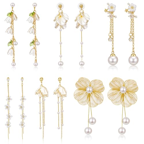 Nosiny 6 Pairs Pearl Dangle Flower Earrings for Women Gold Long Pearl Petal Tassel Drop Earring Trendy Chain Dangle for Wedding Bridal Jewelry Gifts