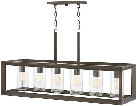 Hinkley Rhodes Six Light Outdoor Linear Hanging Lantern, Warm Bronze w/Clear Seedy Glass