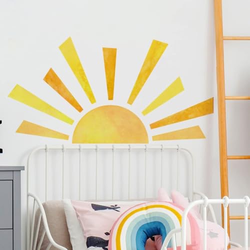 53x29.9 Inch Boho Half Sun Wall Decals Watercolor Sun Murals Modern Wall Decals Vinyl Sun Wall Decals Removable Peel and Stick Wall Stickers for Classroom Living Room Bedroom Playroom Decor