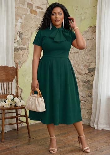 Image of FANDEE Midi Dress for Women Casual Short Sleeve A-line Semi Formal Fit and Flare Dress Classy Tie Neck Work Business Dresses