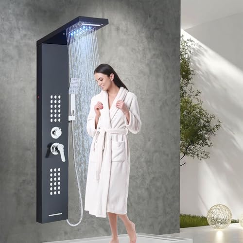LLFFSSDG Columna de Ducha con Torre LED, 5 Modos (Lluvia/Cascada/Masaje) Grifo y Cabezal de Mano - Acero Inoxidable Negro