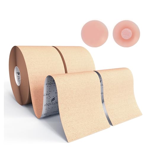 FASHLON Boob Tape, 2-Roll, Safe for Sensitive Skin, Fits A-DD Cups, Breast Lift Tape with Silicone Nipple Covers