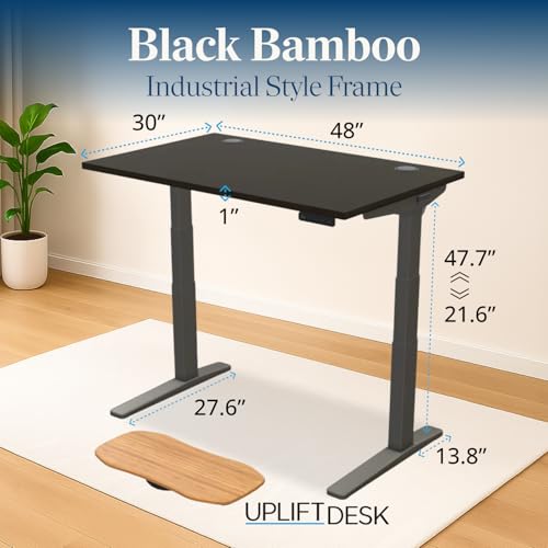 Image of UPLIFTDESK Black Bamboo (48 x 30 inch) Standing Desk 2-Leg V3 Adjustable Stand Up C-Frame (Indus.), Advanced Keypad, Wire Grommets, Wire Tray, Rocker Board