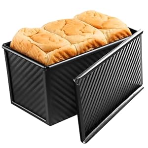 Pullman Loaf Pan with Lid, Non-Stick Bakeware Carbon Steel Bread Toast Mold with Cover for Baking Bread, Black Corrugated bread box (Upgraded Wave Pattern)