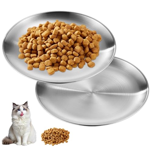 2 peças tigelas rasas para gatos de aço inoxidável, 14 cm sala de jantar plana para gato, pratos de viagem inquebráveis sem pontas, pratos leves para comida e água para cães pequenos, gatos (prata)