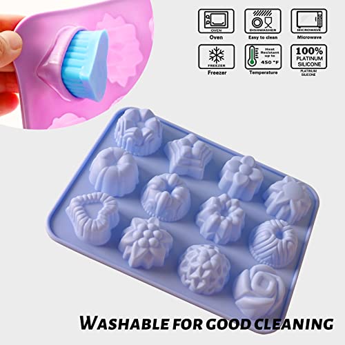Image of Sakolla 3 Pack Flower Molds Silicone, 12 Cavities Different Shapes Silicone Molds for Chocolate, Cupcake, Candy, Jelly, Ice Cube, Muffin (Pink, Purple, Blue)