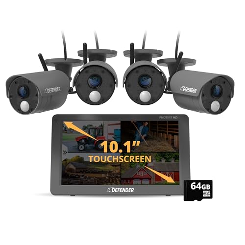 Defender Phoenix HD Wireless Security Camera System with 10.1” Touchscreen Monitor, 4 HD Outdoor Security Cameras, No WiFi Required, Includes 64GB SD Card, Extra 15ft Extension Cable & 2 Year Warranty