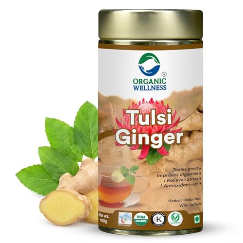 Image of Organic Wellness Tulsi Ginger Herbal Tea 100g Tin | Natural Antioxidant Rich Blend | Supports Digestion | Relieves Stress | Boosts Metabolism | Enhances Immunity | Soothing Refreshing Daily Beverage