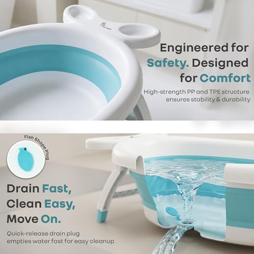 Image of R for Rabbit Bubble Double Finzy Baby Bath Tub Foldable for Kids 9 Months-3 Years | Womb Cocoon Bathtub Design | Anti-Skid Base | Quick Drain Plug | Space Saving Pool Bather with Tray (White Blue)