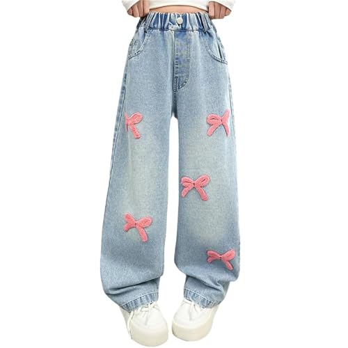 Girls Bow Jeans Trendy High Waist Wide Leg Baggy Denim Pants Casual Y2k Preppy Streetwear Cute Straight Trousers with Pocket