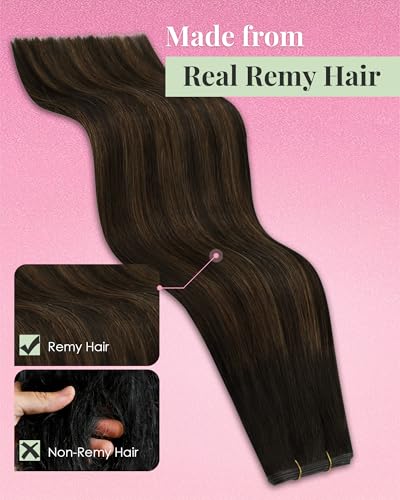 Image of YoungSee Butterfly Weft Human Hair Extensions Dark Brown Balayage Medium Brown Hair Extensions Butterfly Weft with Micro Bead PU Hole Wefts Hair Extensions Balayage Remy Hair 16 Inch 80g