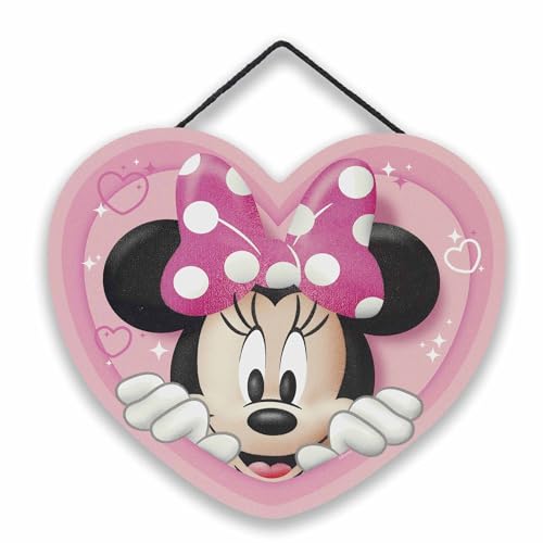 Open Road Brands Disney Minnie Mouse Heart Hanging Wood Sign - Cute Pink Minnie Mouse Decor for Kids Bedroom or Nursery
