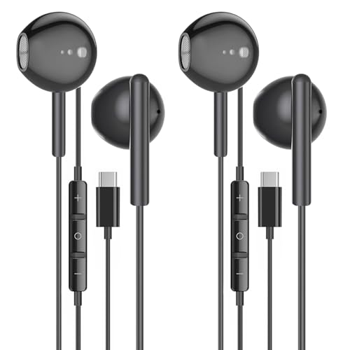 2 Pack of USB C Headphones for iPhone 16/16 Pro/16 Plus/16 Pro Max/15/15 Plus/15 Pro/15 Pro Max,Black USB Type C Earphones HiFi Stere, Black Wired Earbuds with Microphone & Volume Control