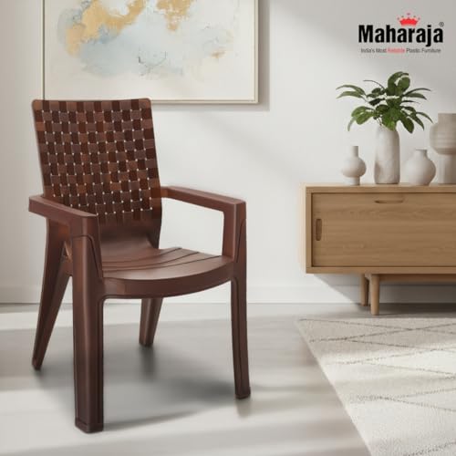 Image of MAHARAJA Heavy Duty Plastic Chairs for Home & Office | Comfortable | Arm Rest | 200Kg Capacity (Teakwood, Pack of 4)