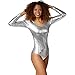 Produktbild dressforfun 901006 Damen Body Langarm, Metallic Ballettanzug mit Rundhals Ausschnitt, Gymnastikanzug für Ballett Sport Tanz Disko Kostüm Fasching - Diverse Größen - (XXL | Silber | Nr. 303566)