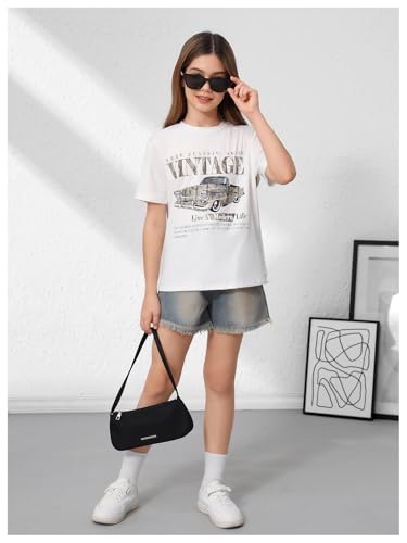 Image of RoseSeek Girl's Graphic Drop Shoulder Star Print Tee Tops Short Sleeve Crew Neck Summer Shirts