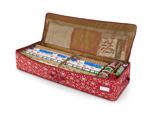 Covermates Keepsakes Gift Wrap Organizer - Holds up to 25 Rolls - Heavy Duty - Accessory Trays with Adjustable Compartments - Mesh Pocket - Holiday Storage, Red Snowflake