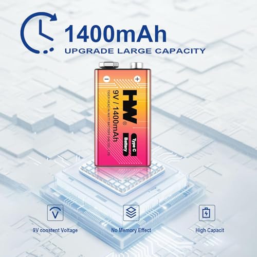 HW 9V Batteries 1400mAh 4 Pack, USB-C Lithium for Smoke Detectors - image 2