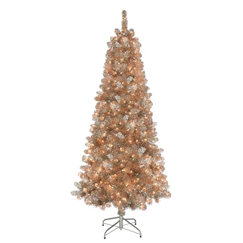 Puleo International 6.5 ft. Pre-Lit Rose Gold Tinsel Artificial Christmas Tree with 300 UL- Listed Lights