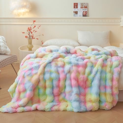 LIFEREVO Fluffy Faux Rabbit Fur Bubble Throw Rainbow Plush Shaggy Blanket for Couch Sofa Chair Soft Cute Tie Dye Furry Blanket Adults Kids Girls Fuzzy Throw for Bedroom Living Room 50x60 Rainbow