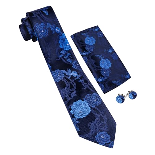 Image of Barry.Wang Flower Ties for Men Silk Woven Floral Tie Sets Necktie Handkerchief Cufflinks Wedding Party