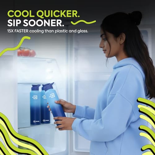 Image of Water Bottle 1 ltr Stainless Steel Sports /Fridge Bottle with Sipper Cap (Pack of 2)| 1-Year Warranty | Single Wall | For Home, Office, Gym | Craft Pro 950ml | Blue-Denim Blue Ombre