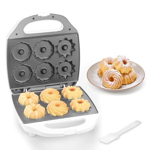 SugarWhisk Mini Donut Maker Machine, Electric Mini Bundt Cake Pan, Bake 6 Bundt Doughnuts with 3 Shapes, Excellent for Breakfast, Snacks, Desserts & More
