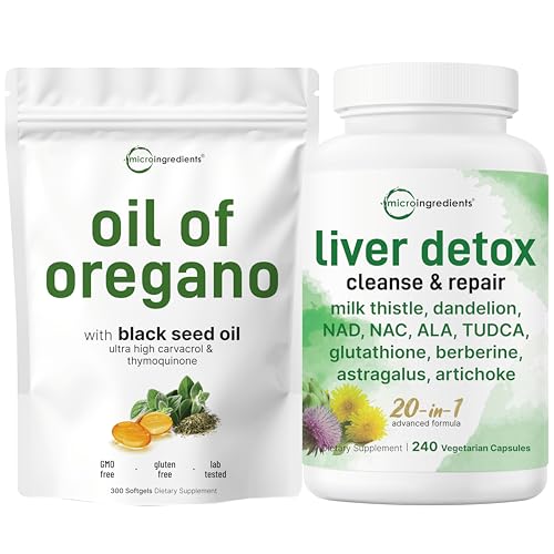 Micro Ingredients Oil of Oregano 300 Softgels & Liver Detox Supplment Bundle Pack | 4X Strength Carvacrol & Thymoquinon | 20-in-1 Advanced Formula wit