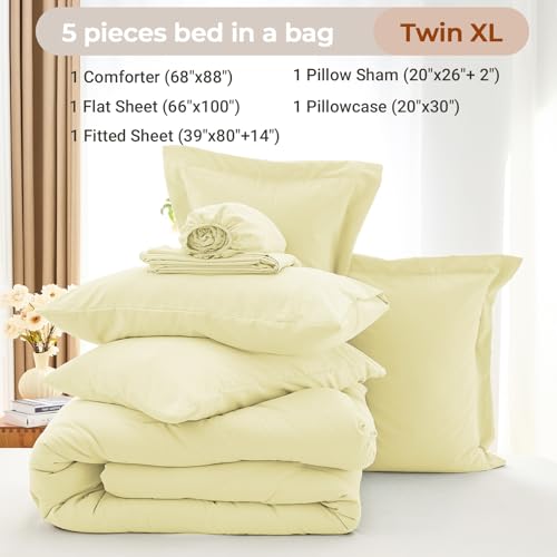 MUXHOMO 5 Pieces Twin XL Comforter Set, Soft Bed in a Bag Twin XL Size, All Season Bedding Set with Comforter, Flat Sheet, Fitted Sheet, Pillowcases & Shams, Cream Yellow