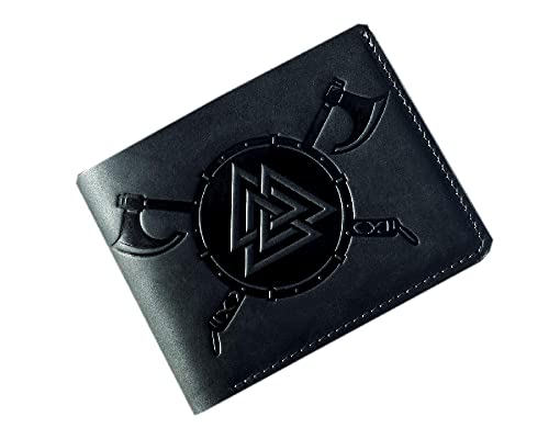 Wallet Genuine Black Leather RFID Blocking Bifold - Vikings Gift for Men - Embossed Leather Wallet - Pocket Wallets - Vikings - Valcnut kvs