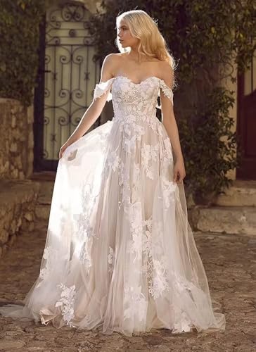 Off Shoulder Lace Wedding Dresses for Bride A-Line Tulle Appliques Elegant Bridal Ball Gowns with Train for Women Champgane 4 - Thumbnail 3